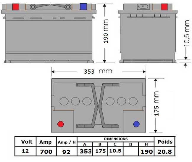 N°17 BATTERIE ATTRACTIV -  LIQUIDE 12 V - 92Ah - 700A - 353x175x190