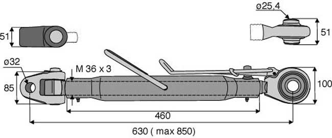 BARRE DE POUSSEE ARTICULATION/ROTULE CAT 2  - 36x3 - L. TUBE 460 - GAMME PRO