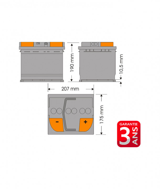 N°61 BATTERIE ATTRACTIV - LIQUIDE 12V -55Ah- 460A -207x175x190- GARANTIE 3 ANS