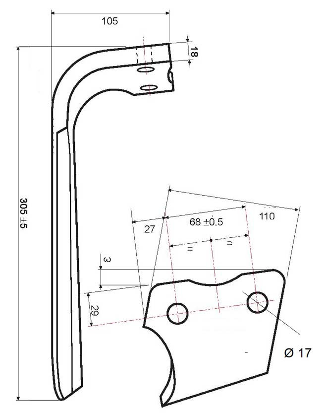 DENT HERSE - GAUCHE - KUHN - ADAPT - 52539500 / 525605 - RH68 - EP. 18MM