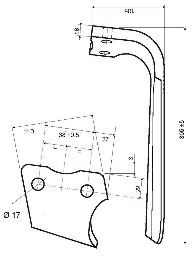 DENT HERSE - DROITE - KUHN - ADAPT - 52539400 / 525604 - RH68 - EP. 18MM