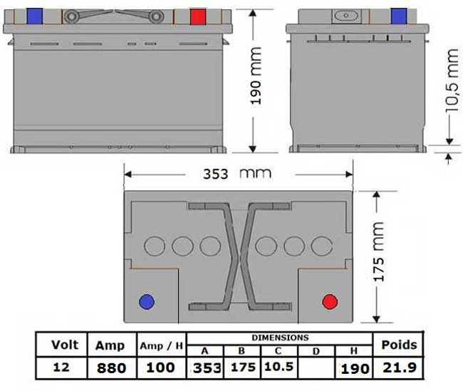 N°44 BATTERIE ATTRACTIV - LIQUIDE 12 V - 100 Ah - 820 A - 60044 - 353x175x190