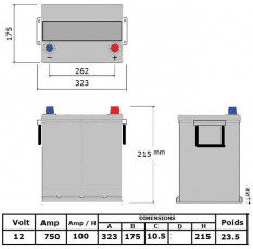 N°26 BATTERIE ATTRACTIV - LIQUIDE 12 V - 100 Ah - 750 A - 322x175x215