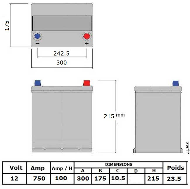 N°39 BATTERIE ATTRACTIV - LIQUIDE 12 V - 100 Ah - 750 A - 322x175x215