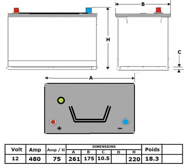 N°15 BATTERIE ATTRACTIV - LIQUIDE - 12 V - 75 Ah - 480 A - 261 x 175 x 220