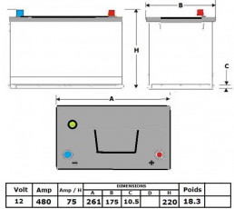 N°14 BATTERIE ATTRACTIV - LIQUIDE 12 V - 75 Ah - 480 A - 261 x 175 x 220