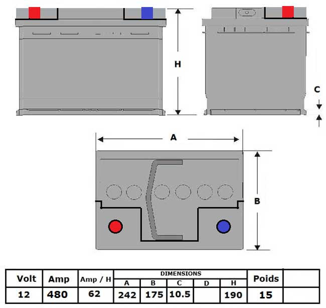 N°11 BATTERIE  ATTRACTIV - LIQUIDE 12 V  - 62 Ah - 480 A - 242x175x190