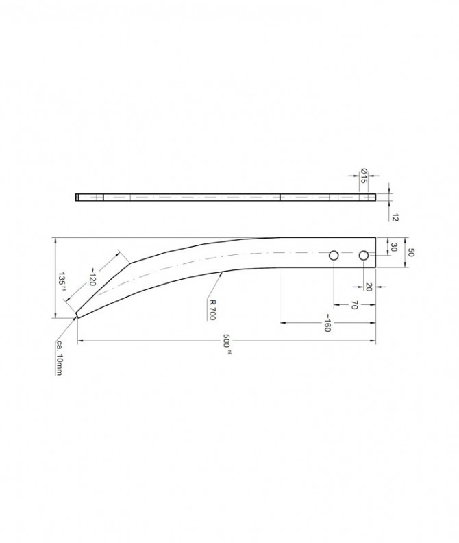DENT DE FOURCHE PLATE - FIX. PERCEE - 50x12x512 - 2 TROUS - TYPE: FX