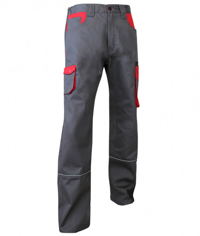 PANTALON LIN MULTIPOCHES BICOLOR GRIS/ROUGE