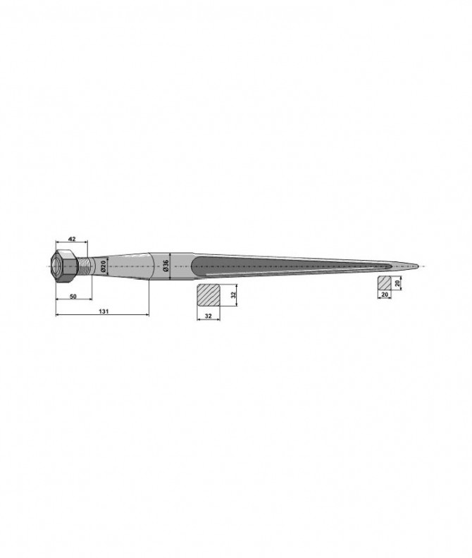 DENT FOURCHE DROITE - FIX. CONE LONG - Ø36 - LONG:820 - TYPE AGRAM/STOLL/KV/KONG